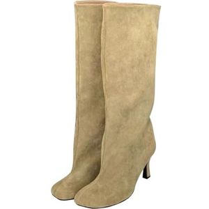 ARVALOLET Kniehoge laarzen voor dames, suède, vierkante teen, brede kuit, stiletto, outdoor, reizen, beige, 36 EU