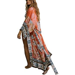 L-Peach Dameskaftan van katoen, lange jurk, strandjurk, zomers, bedekking van je zwemkleding, één maat