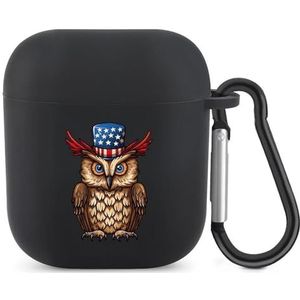 Uil met Amerikaanse vlag hoed schattig hoesje voor AirPods 2 & 1 schokbestendige beschermende hoofdtelefoon hoesjes cover met sleutelhanger voor mannen vrouwen