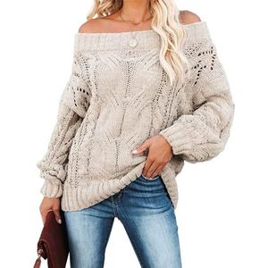 Dames Gebreide truien Off-shoulder trui Vleermuismouw Ruimvallend Oversized Kabel Sexy Pittig Schouder Effen Gebreide trui Kaki S