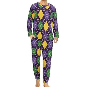 Groen en paars Mardi Gras abstract geometrisch patroon comfortabele herenpyjama set ronde hals lange mouwen loungewear met zakken S