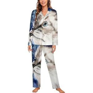 Aquarel Galaxy Cat Vrouwen Lange Mouw Button Down Nachtkleding Zachte Nachtkleding Lounge Pyjama Set S