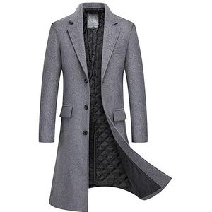 Wollen Trenchcoat for Heren Lange Overjas Met Enkele Rij Knopen Gewatteerd Gevoerd Mengsel Effen Zakelijk Normale Pasvorm (Color : Gray, Size : Men-XL)