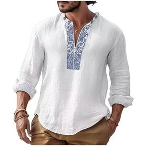 Linen Shirts Men Mens Cotton Linen Shirt Solid Long Sleeve Print Tops Spring Autumn Casual Shirts Pullover For Men-White-Xxxl