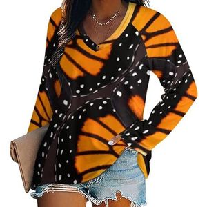 Oranje Monarch Vlindervleugels Dames Casual Lange Mouw T-shirts V-hals Gedrukt Grafische Blouses Tee Tops M