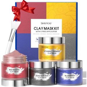 Kleimasker Set Het Gezicht, Kurkuma & Vitamine C-Masker Voor Gezicht, Moddermasker uit de Dode Zee, Bosbessen, Rode Bonen, Diepe Reiniging, Oliecontrole, Verheldert de Huidskleur, Geschenkset, 320g