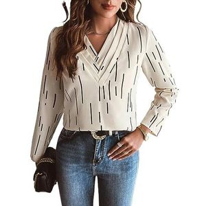 dames topjes Geplooide blouse met V-hals for dames - Casual top met lange mouwen en all-over print (Color : Apricot, Size : Small)