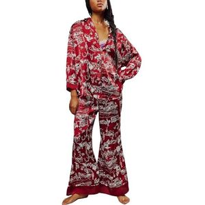 Dames Zomer Klassieke Knoopjes Lange Satijnen Zijden Pyjama Set(Red,X-Large)