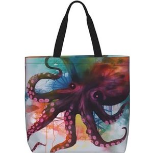 DEHIWI Abstracte Kleurrijke Octopus Tote Bag Voor Vrouwen Waterdichte Casual Schoudertas Met Rits Kruidenier Handtassen Voor Kantoor Winkelen Reizen, Zwart, One Size