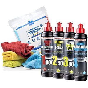 detailmate - Menzerna autopolitoer: Super Heavy Cut Compund HC1000 + Medium Cut 2400 + Super Finish Plus SFP3800 + Liquid Carnauba Protection - 250 ml + 4 pluizige poetsdoeken rood, geel, groen, blauw