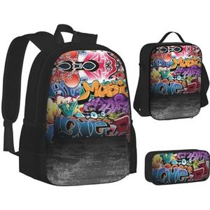 Zwart & Wit Streep Print Rugzak School Boekentassen Set Lunch Tas Etui School Rugzakken Meisjes Jongens, Graffiti Hip Hop, Eén maat