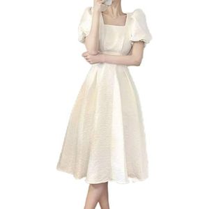 Maxi-jurk for dames Pofmouwen Vierkante hals Tuniek Damesjurk Korte mouw A-lijn Swing Elegante jurk(Color:White,32-33, 3435, 36-37, 38-39, 40-41, 42-43, 44-45, 46-47:L)