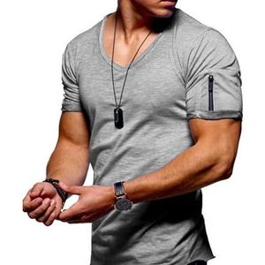 LQHYDMS T-shirts Mannen Mannen T-Shirt Effen Kleur Zip Pocket V-hals Korte Mouw T-Shirt Fit Plus Size Tee Stijlvolle Top Zomer, Lichtgrijs, 3XL