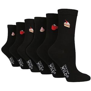 Wildfeet 6 Pack Womens zwarte nieuwigheid sokken leuke geborduurde crew sokken in katoen, Thee Cake, 37-42 EU