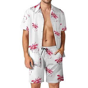 Flamingo Hawaiiaanse bijpassende set voor heren, 2-delige outfits, button-down shirts en shorts voor strandvakantie