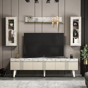 KARYA Woonwand, tv-set, tv-kast, tv-kast, tv-tafel, tv-meubel met 3 deuren, modern design, beige/marmer