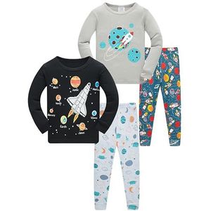 LOLPIP Jongenspyjama met lange mouwen, 4-delig, kleine kinderen, nachtkleding, pyjamaset, 2-14, 4p-raket grijs, 5 Jaar
