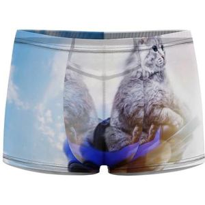 Grappige Kat Vliegen op Blauwe Hemel Heren Boxer Slips Sexy Shorts Mesh Boxers Ondergoed Ademend Onderbroek Thong