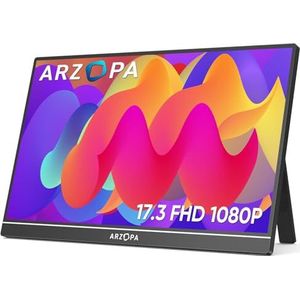 ARZOPA draagbare monitor 17,3-inch 1920×1080 FHD met enkelpolige ondersteuning, IPS-monitorscherm met HDMI/Type-C/USB-C-connectoren, draagbaar oogzorg-gamingscherm voor laptop/pc/Mac/PS6/Xbox