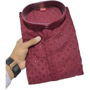 Estationeryhouse Rechte pasvorm Kurta Pyjama voor heren in katoen (Rayon) zwaar borduurwerk voor en achter (wordt geleverd met witte pyjama), Kastanjebruin, M