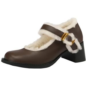 Smilice Warme Mary Jane damesschoenen, dikke hak, pumps voor de winter, bruin, 38 EU