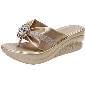 2024 Nieuwe Slippers Met Strass Elegante Teenseparator Sandalen Met Pailletten Retro Sleehak Slippers Zomer PU Lederen Clip-Toe Slippers Platform Slippers Vrijetijdsstrandschoenen (Color : Gold, Siz