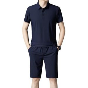 Anybird Heren zomer casual korte sets poloshirt met korte mouwen en trekkoord elastische taille shorts lounge sets, donkerblauw, L, Donkerblauw, L