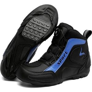 Ademende raceschoenen voor heren en dames, high-top motorschoenen, racefietsschoenen, veterschoenen met knop, Zwart en blauw, 36.5 EU