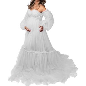 AHERKLL Gezwollen tule gewaad zwangerschapsjurk voor fotoshoot pure lange lingerie baby shower zwangerschap fotografie dressing ZM015, Wit, 40