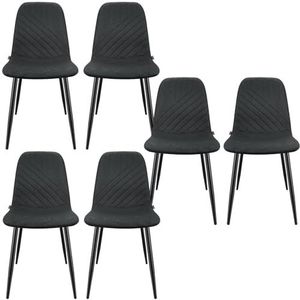 WAFTING Set van 6 eetkamerstoelen, stoelen met linnen diagonaal strependesign en metalen frame, voor eetkamer, woonkamer, keuken, slaapkamer en ontvangstruimtes, zwart