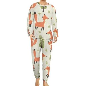 Leuke kleine vossen en bomen comfortabele heren pyjama set ronde hals lange mouwen loungewear met zakken 5XL