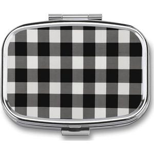 Zwart en wit geruite pillendoos, 2 compartimenten geneeskunde pillenetui, draagbare pillenorganisator voor zak of portemonnee decoratieve metalen geneeskunde vitamine organizer