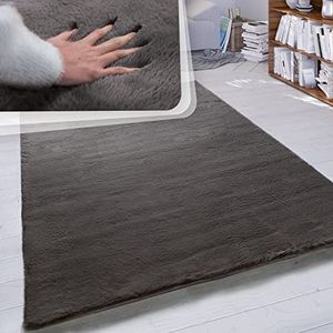 Hoogpolig vloerkleed woonkamer kunstvacht superzacht effen in versch. afmetingen en kleuren, Maat:60x90 cm, Kleur:Donkergrijs