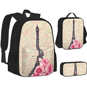 BONDIJ Grote olifanten rugzakken voor school met lunchbox etui, waterbestendige tas voor jongens meisjes leraar geschenken, Eiffeltoren met rozenbloem, Eén maat