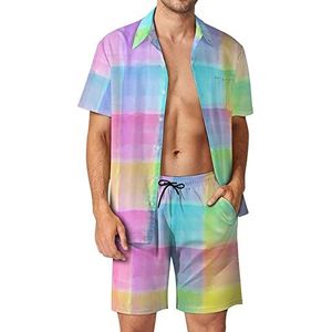 Aquarel Tartan Patroon Mannen Hawaiiaanse Bijpassende Set 2-delige Outfits Button Down Shirts En Shorts Voor Strand Vakantie