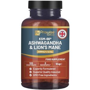 KSM-66 Ashwagandha- en leeuwenmanentabletten - hoge dosering 2200 mg | KSM-66 aswagandha wortelextract en leeuwenmanenpaddenstoelextract - 120 veganistische tabletten met zwarte peper - gemaakt in