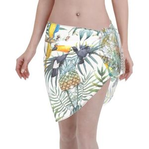 Tropische bladeren vogel print elegante strandwrap, bikini cover-up, badkleding jurk, voor vrouwen, perfect voor zwembad en resort zwart, Zwart, one size