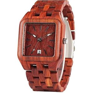Handgemaakt Retro Wood Horloges for Heren Unieke Rechthoek Dial Light Clock Man Natural Woody Armband Kalender Datum Quartz Polshorloges Huwelijksgeschenken (Color : Red Wood)