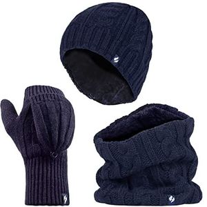 HEAT HOLDERS - Womens Thermische winter fleece kabel gebreide muts, nekwarmer en converter handschoenen set, marineblauw, one size