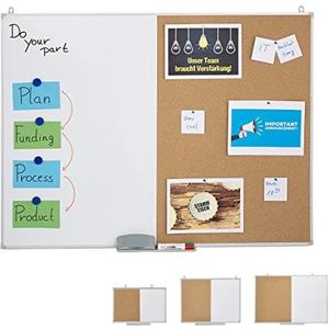 Relaxdays combibord, 2 in 1, prikbord & whiteboard, magneetbord, aluminium lijst, met bakje, 90 x 120 cm, wit/natuur