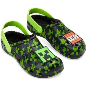 Minecraft Clogs voor jongens met pluche fleecevoering en bedels, ideaal als tuinclogs of kinderpantoffels, zwart groen, 30/31 EU