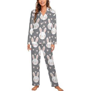 Konijntje Gezicht En Harten Vrouwen Lange Mouw Button Down Nachtkleding Zachte Nachtkleding Lounge Pyjama Set XL