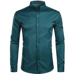 PARKLEES Effen slimfit herenhemd met lange mouwen en opstaande kraag, blauwgroen, M