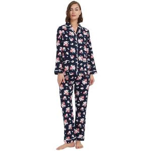 kolipajam katoenen flanellen pyjama voor vrouwen 100% katoen flanel pyjama set zachte PJS gezellige dames loungewear, Donkerblauwe print met rode bloem, M