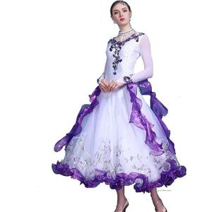 FZHQNZJF Dames Wals Concurrentie Jurken Balzaal Flamenco Dans Prestatie Kostuum Strass Tango Foxtrot Danskleding Glanzend Nationale Standaard Rok,Purper,3XL