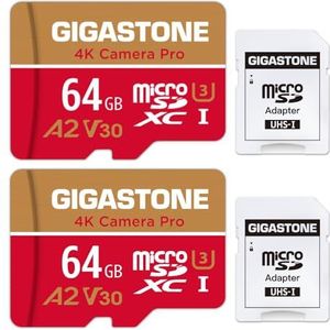 Gigastone Geheugenkaart 64 GB set van 2 kaarten, 4K camera Pro, compatibel met GoPro Switch, snelheid 95 MB/s. A2 U3 V30 Micro SDXC-kaart met SD-adapter.