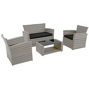 METRO Professional Sofa set, staal/PE-rotan/glas, 1 x tafel, 2 x enkele banken, 1 x 2-zitsbank, incl. kussens, steengrijs, 4-delig