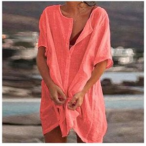 ZPFDSG Badpak voor dames, strandbedekking, korte mouwen, lange blouse, zomer, casual, losse effen kleur, strandcover-up blouse, grote maten, bedekkende kleding voor vrouwen, strandkleding (kleur: