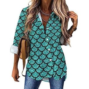 Aquamarijn Glitter Scals Dames Button Down Shirts Lange Mouw Jurk Shirt V-hals Blouses Tops