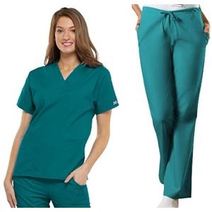 Cherokee Dames Scrubs Set Werkkleding Originals 4700 V-hals Top & 4101T Natuurlijke Stijging Flare Been Trekkoord Broek, Teal Blauw-XS Top/S Tall Pant